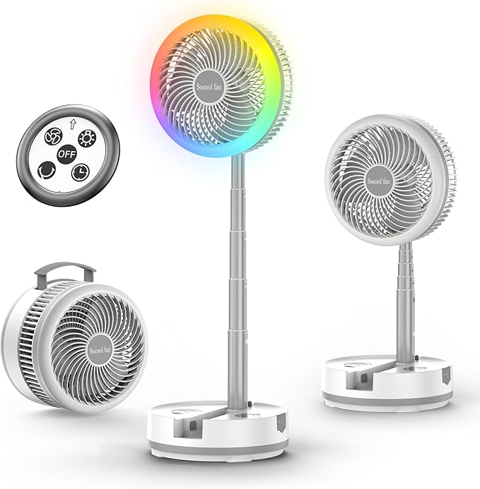 Socool 40000mAh Battery Operated Foldable Fan,Rechargeable Standing Fan, Remote Control & Colorful Light, Oscillating Telescopic, Timer & Digital Display, Foldaway Fans for Camping Travel Outdoor