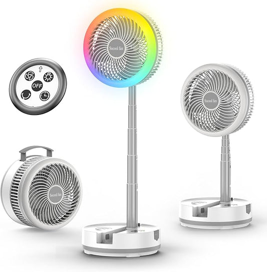 Socool 40000mAh Battery Operated Foldable Fan,Rechargeable Standing Fan, Remote Control & Colorful Light, Oscillating Telescopic, Timer & Digital Display, Foldaway Fans for Camping Travel Outdoor