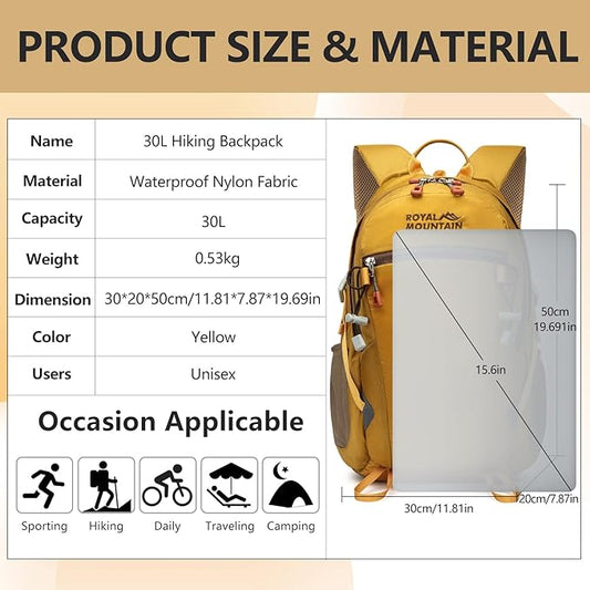 Hiking Backpack With Rain-cover, 30L Travel Backpacks For Women Men, Camping Daypack Backpacks Lightweight, Durable Hiking Backpack Fit For Camping, Daily Commuting, Short Trips (Yellow)