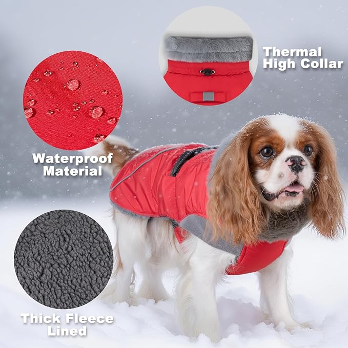 KYEESE Waterproof Dog Coat, Windproof Warm Winter Jacket with Leash Hole, Reflective Cold Weather Dog Coats for Small Dogs, Outdoor Pet Coat Cozy Puppy Jacket Thick Fleece Lined, Red, Small