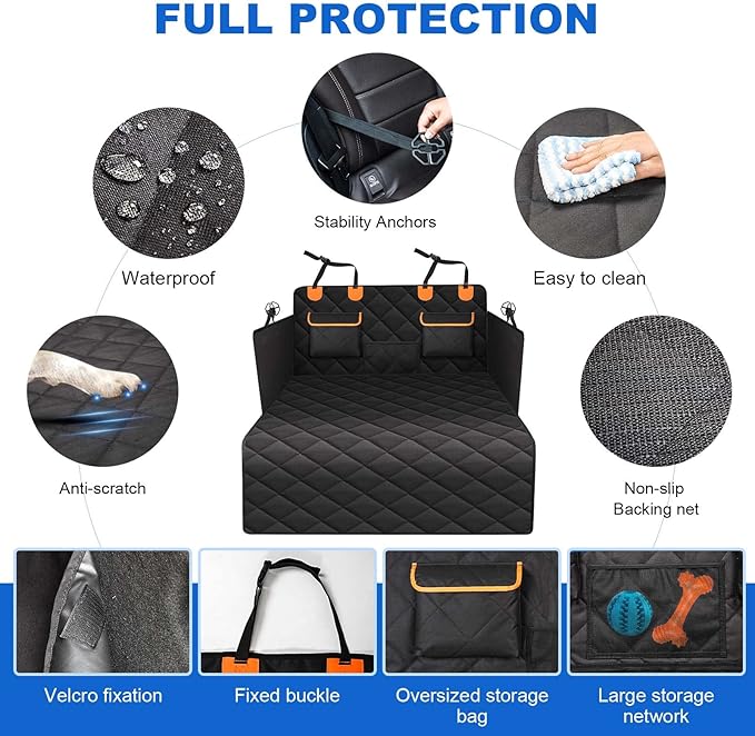 4-in-1 SUV Cargo Liner for Dogs, Non-Slip Water Resistant Pet Trunk Mat with Side Flaps Protector & Back Seat Organizer, Dog Backseat Cover for SUVs Vans（54" W x 88" L）
