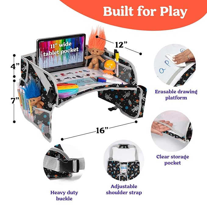 PILLANI Kids Travel Tray for Car - Car Seat Tray for Kids, Roadtrip Essentials, Carseat Table Tray for Kids Road Trip Activities - Toddler Lap Desk Organizer for Airplane