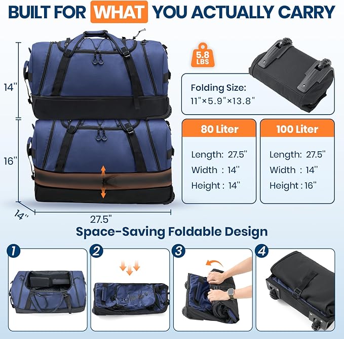 Fanwoli 85L 100L Large Rolling Duffle Bag with Shoes Compartment, 30’’ Expandable & Foldable Heavy Duty Water Resistant Travel Backpack, Convertible Foldable Duffel for Gym Camping Weekender