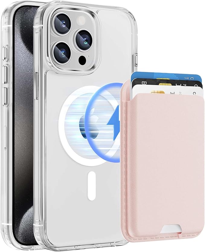 Ntwinro Magnetic for iPhone 15 Pro Max Clear Case (Compatible with MagSafe) with Pink Detachable Wallet & Card Holder for 3 Cards [RFID Blocking] Military Grade Protective Slim Phone Cover
