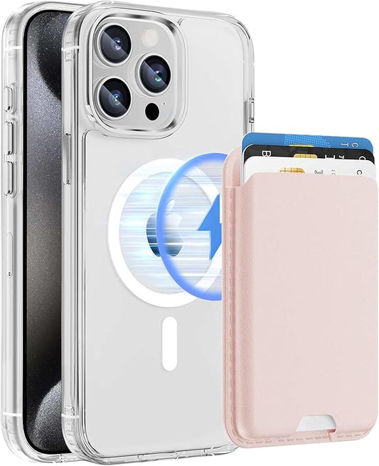 Ntwinro Magnetic for iPhone 12 & iPhone 12 Pro Clear Case (Compatible with MagSafe) with Pink Detachable Wallet & Card Holder for 3 Cards [RFID Blocking] Military Grade Protective Slim Phone Cover
