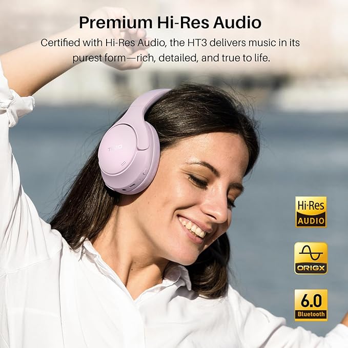 TOZO HT3 Hybrid Noise Cancelling Headphones, 90H Playtime Wireless Over Ear Bluetooth Headset, Spatial Audio AI Chat with 5 Mics, Supports Dual Connection and USB-C Input, with 32 EQ Music Modes