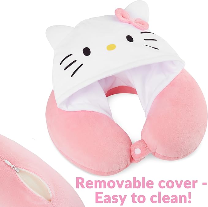 Hello Kitty Girls Teens Travel Pillow with Hood, Memory Foam Cushion Travel Accessories Flight Pillow Neck & Head Support