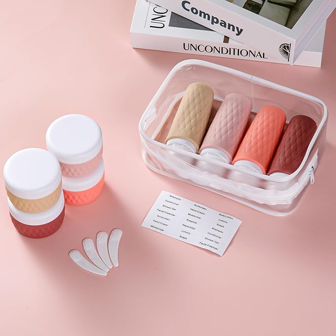 8 Pack Travel Bottles for Toiletries - 3 OZ / 90 ML, | Leak Proof Silicone Containers with Clear Bag, Travel Size Toiletries for Lotions, Creams, Foundation, Shampoo, body wash and More |