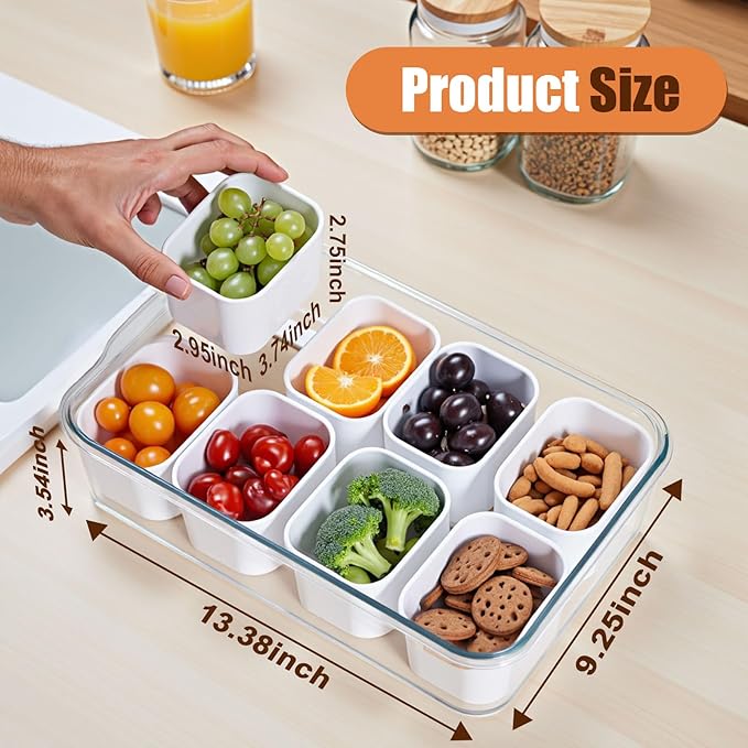 Dishwasher Safe Snackle Box Container, Portable Snacklebox for Veggie, Candy, Divided Serving Tray with Lid and Handle, 8 Compartment Fruit Platter for Party, Picnic, Travel