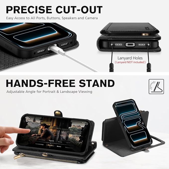 TUCCH Crossbody Detachable Wallet Case for iPhone 17 Pro 6.3" 2025, 9 Card Slots RFID Blocking | Wireless Charging | Wrist Strap | Lanyard | Stand | Zipper Pocket | PU Leather Shockproof Cover | Black
