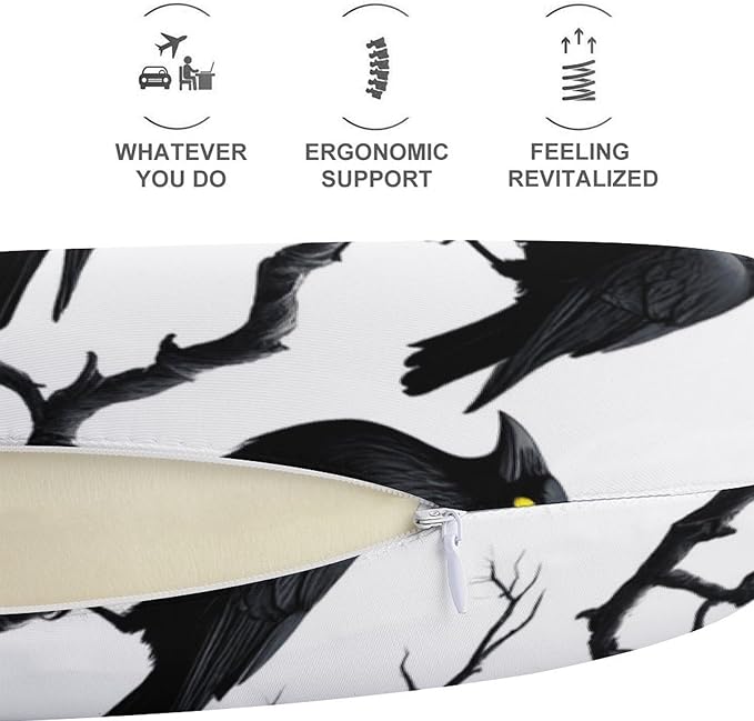 Kids Washable U-Shaped Travel Pillow Neck Support, Black Crow Raven Bird On Tree Branch Camo U-Shape, Airplane Car Nap Chin Cushion
