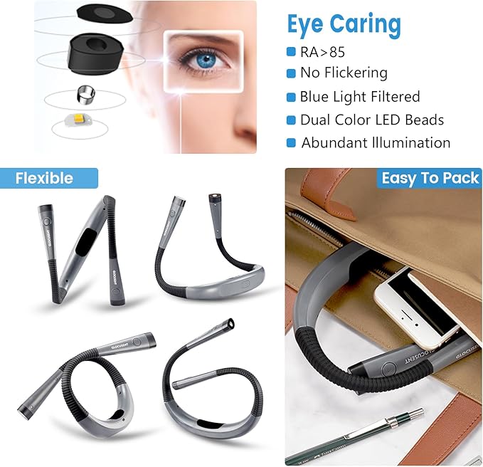 Glocusent Book Light, 3-Color & 6-Brightness Reading Light, Bendable Neck Light, 80-hr Lasting Rechargeable Lamp, Perfect Book Light for Reading in Bed, Knitting, Camping, Repairing, Book Lovers Gifts