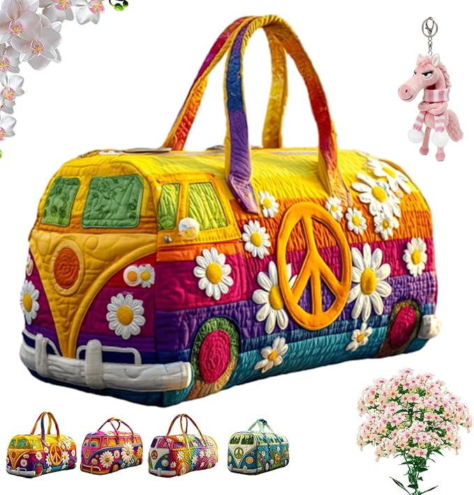 Hippie Van Quilted Duffle Bag, Boho Weekender Travel Overnight Luggage for Women Vintage Floral Gym Tote (style1, Large (18"x9"x9"))