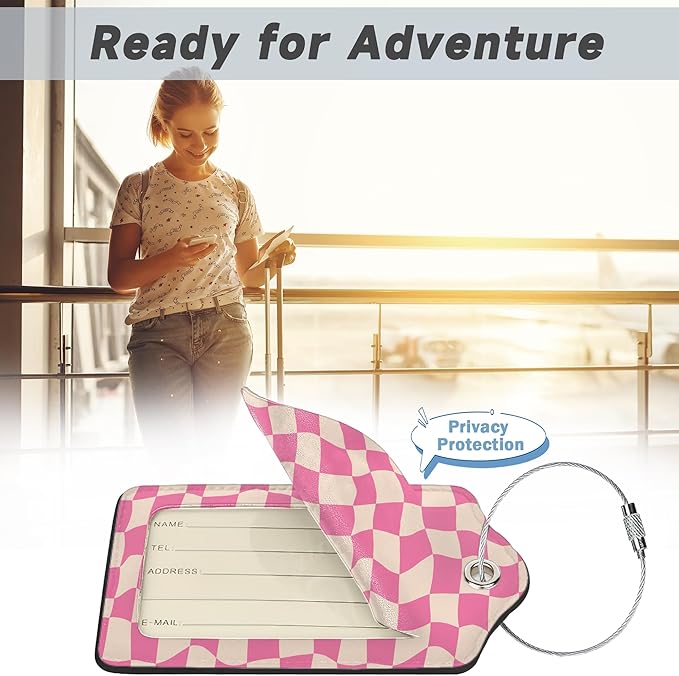 2 Pack Luggage Tag for Suitcase, Groovy Pink Checkerboard Leather Bag Tags Identifiers Privacy Cover ID Label with Durable Steel Loop for Women Men Kids Girls Travel
