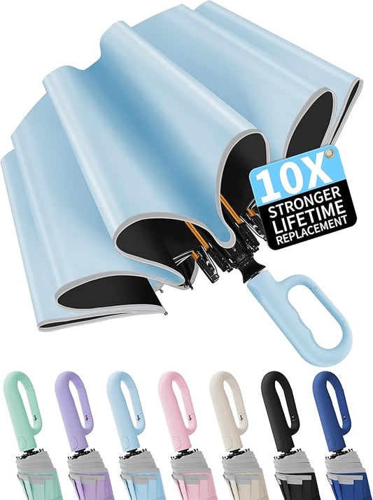 Seniny Travel Umbrella with Carabiner Handle, Windproof Large Umbrellas for Rain with Dual-Rib Structure, Portable Compact Umbrella with Reflective Strip, Car Backpack UV Umbrellas for Sun Protection