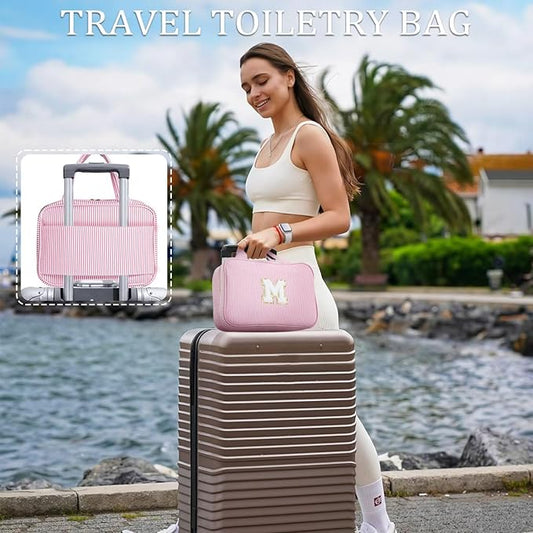 YOOLIFE Hanging Toiletry Bag - Large Capacity Personalized Travel Toiletry Bag for Women, Cruise Ship Essentials - Letter R, Pink