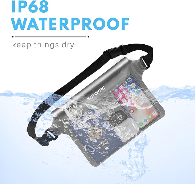 2-Pack Waterproof Fanny Pack, Phone Pouch with Waist Strap, 9x6.7 Inch Dry Bag for Phone, Cash, and Valuables – for Swimming, Kayaking, Boating, Snorkeling, and Water Sports (2, Grey + Grey)