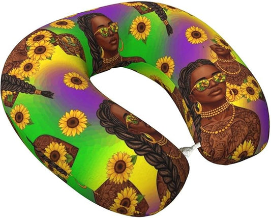 Memory Foam Neck Pillow African American Black Woman Girl Painting Sunflower, Travel U Shaped Airplane/Car/Flight Pillows with Removable Zipper Cover, Chin Head Neck Support Cushion