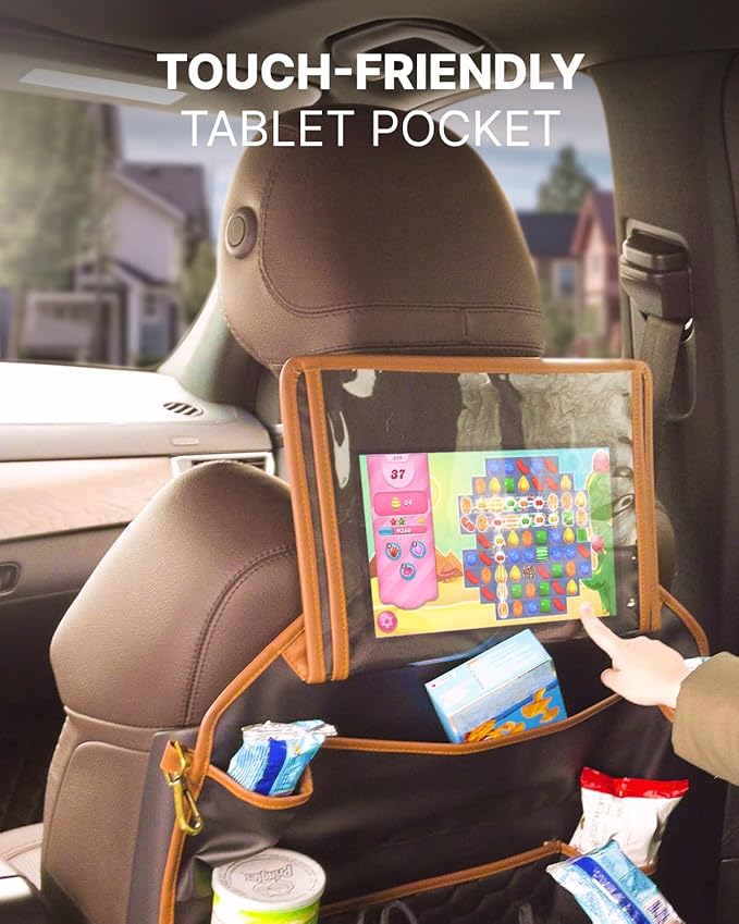 Owleys Back of Seat Organizer for Kids | Car Storage Caddy – 8 Pockets + Transparent Tablet Holder | Waterproof Eco-Leather | 27.5' x 18.5' | Brown+Black