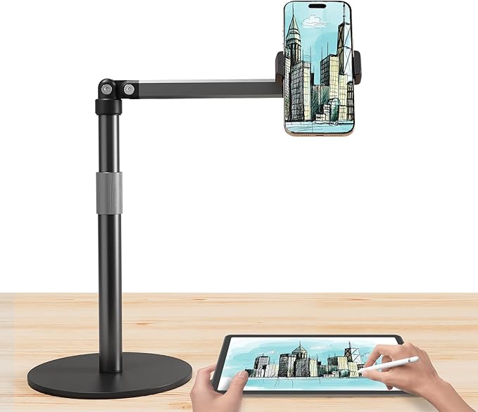 Phone Stand for Recording Overhead Desktop Phone Holder Mount with Flexible Extension Arm, Adjustable Height, for Video, Painting, Meeting, Fliming