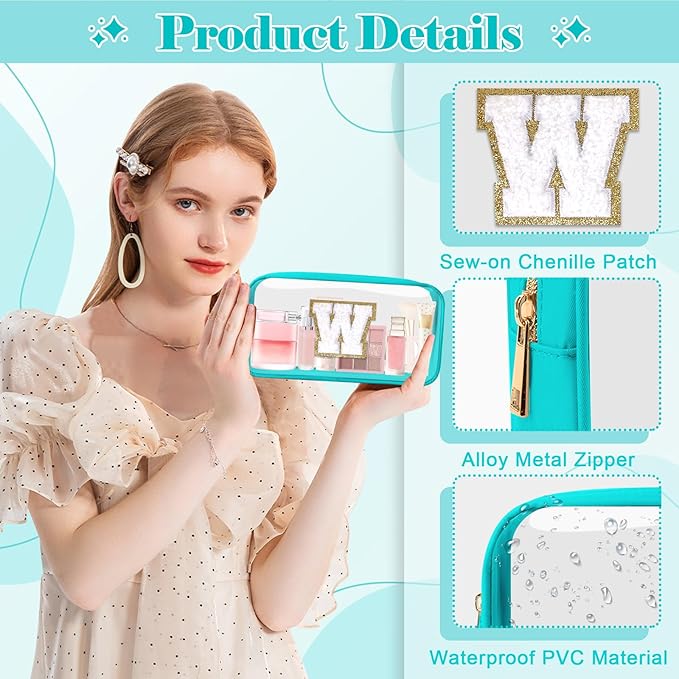 Personalized Initial Letter Clear Makeup Bag,Preppy Small Nylon&PVC Cosmetic Zipper Bag with Chenille Letter,Portable Beach Travel Skincare Toiletry Bag,Trendy Monogram Gift for Teen Girls Women,W