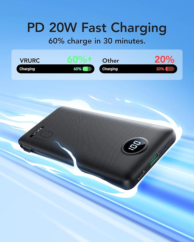 VRURC Portable Charger with Wall Plug, 10000mAh PD 20W Fast Charging Slim Portable Charger Built in Cables, Power Bank with Cords,USB C Portable Phone Charger Travel Accessories -Black(1 Pack)
