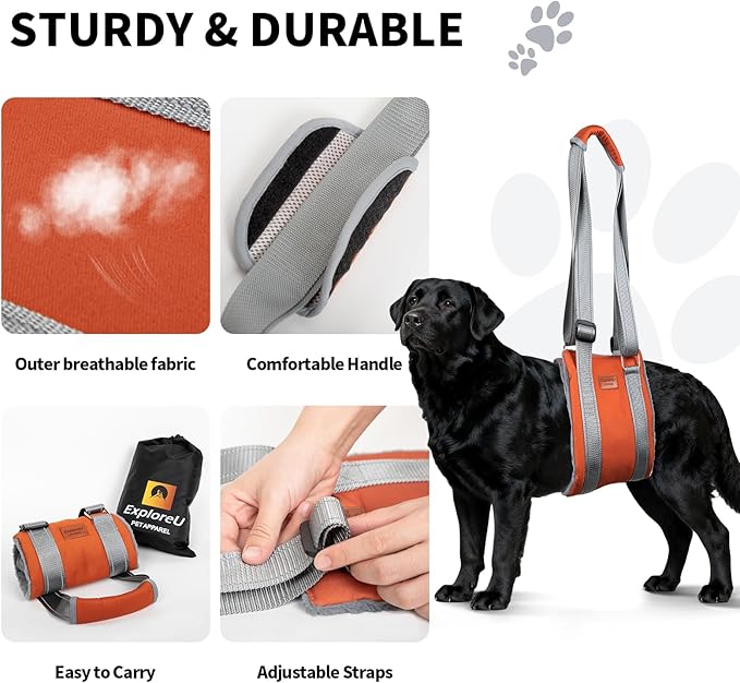 ExploreU Dog Sling for Back Legs Dog Lift Harness Magic Tape Hip Support Harness Rehab to Help Senior,Injured,Arthritis,Hip Dysplasia,Weak Rear Leg,Disabled,After ACL/CCL Surgery,TPLO Dogs (Brown, S)
