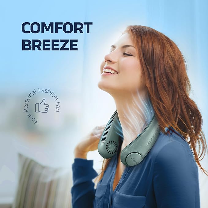 NEXAIR Portable Neck Fan - 3 Speed Rechargeable Bladeless Neck Fan, Adjustable Personal Green Neck Fan For Women & Men Modern Design, Great Cooling Fan For Travel, Outdoors & Sports