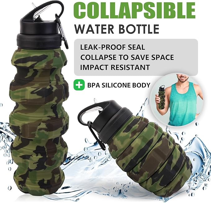 Collapsible Travel Water Bottle18oz, Reuseable Silicone Foldable Water Bottles for Gym Camping Hiking, Portable Leak Proof Sports Water Bottle with rugby Carabiner (Grey)