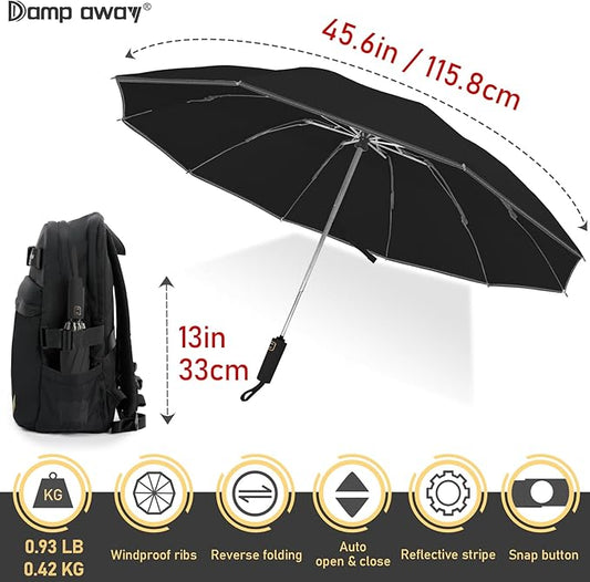 Windproof Travel Umbrella for Rain, Large Portable Reverse Folding Car Umbrella, Inverted Design, Compact Auto Open Close with Durable Waterproof Canopy, Fits Backpack/Women Men, 45.6 Inch