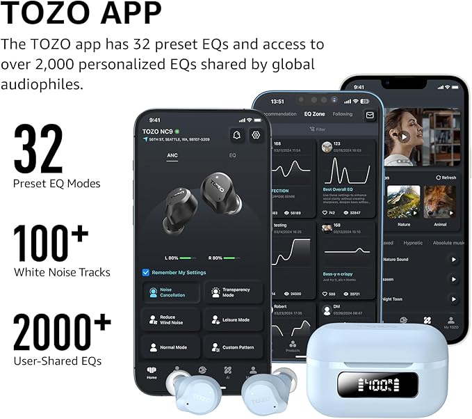 TOZO NC9 Hybrid Active Noise Cancelling Wireless Earbuds, 6 Mics ENC Clear Call, IPX8 Waterproof, in Ear Bluetooth 5.3 Headphones Stereo Bass Ear Buds 60H Playtime with LED Display 32 EQs via APP