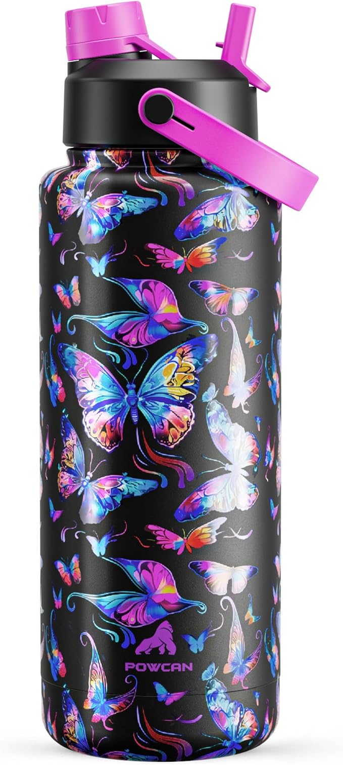 POWCAN 40 oz Insulated Water Bottle with 2-in-1 Straw and Spout Lid, Keep Cold 24H, Leak-Proof, BPA-Free, Double Wall Stainless Steel Water Bottle for Sports, Gym, Travel, and School (Butterfly Waltz)
