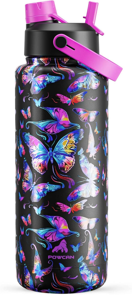 POWCAN 40 oz Insulated Water Bottle with 2-in-1 Straw and Spout Lid, Keep Cold 24H, Leak-Proof, BPA-Free, Double Wall Stainless Steel Water Bottle for Sports, Gym, Travel, and School (Butterfly Waltz)