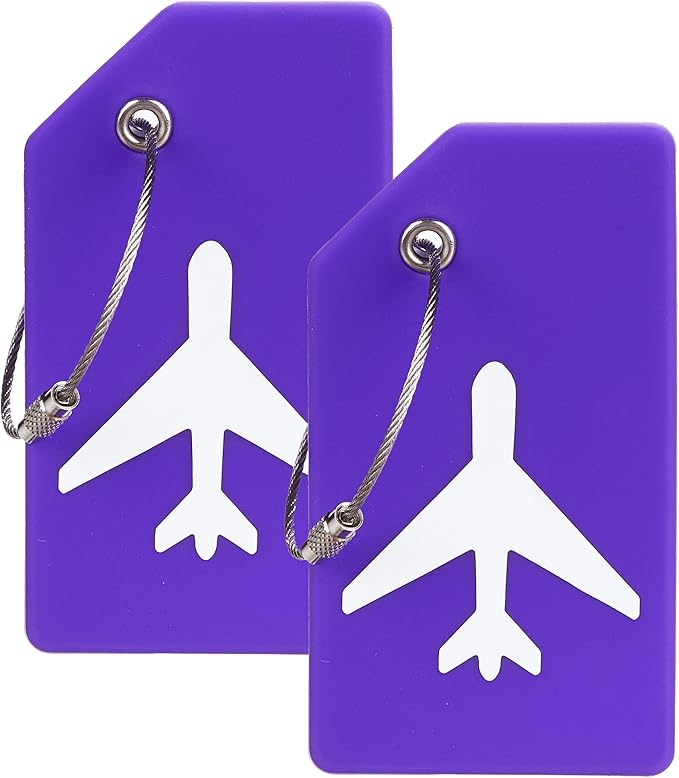Gostwo 2 Pack Silicone Luggage Tags for Suitcases, 26 Initial Letter Baggage Labels Handbag School Bag Suitcase Instrument Tag with Stainless Steel Loop(Purple)(Airplane)