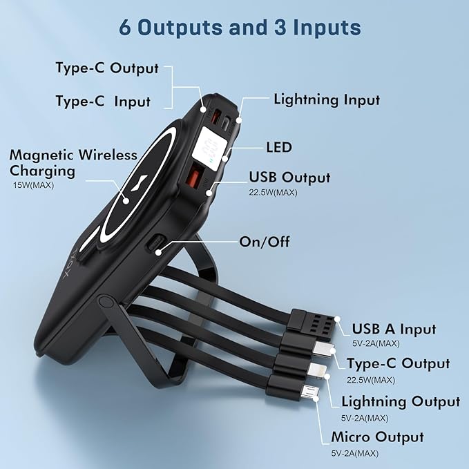 Wireless Portable Charger 10000mAh,Magnetic Power Bank with Built-in Cables LED Display,22.5W PD Fast Charging for Magsafe Battery Pack Compatible with iPhone 17/16/15/14/13/12/Pro/Pro Max