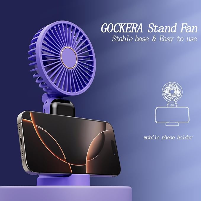 Portable Fan, 4200mAh Battery Operated Fan, 5 Speeds&Digital Display, Makeup Fans for Women with Base, 180°Foldable 3in1 Handheld/Neck/Desk Fan for Outdoor Indoor,Ultra Quiet (Purple)