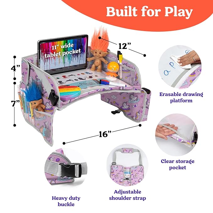 PILLANI Kids Travel Tray for Car - Car Seat Tray for Kids Travel, Road Trip Essentials Must Haves - Carseat Table Roadtrip Activities - Toddler Lap Desk Organizer for Airplane - Kids Travel Essentials