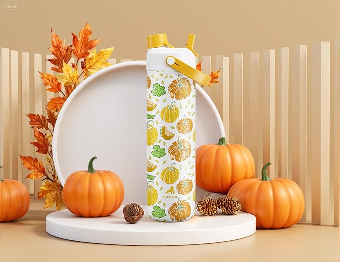 POWCAN 26 oz Insulated Water Bottle with 2-in-1 Straw and Spout Lid, Keep Cold 24H, Leak-Proof, Fits in Car Cup Holder, Stainless Steel Water Bottle for Sports, Travel, Gym and School (Pumpkin Patch)
