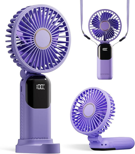 Portable Fan, 4200mAh Battery Operated Fan, 5 Speeds&Digital Display, Makeup Fans for Women with Base, 180°Foldable 3in1 Handheld/Neck/Desk Fan for Outdoor Indoor,Ultra Quiet (Purple)