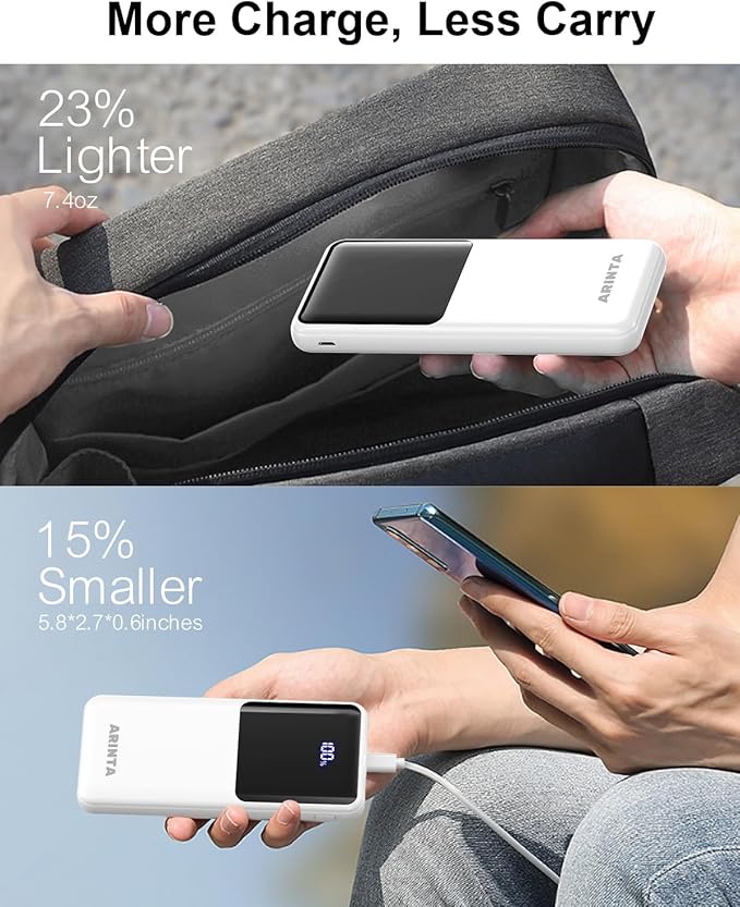 Power Bank Portable Charger 10000mAh PD 22.5W, 5V Battery Pack for Heated Vest & Heated Jacket, LED Display & USB-C Input/Output, Compatible for Smartphones, Tablets,Travel Essentials. (White)