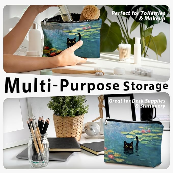 Black Cat Makeup Bag, Black Cat Mom Lovers Lady Gifts Cosmetic Bag for Women, Pet Lover Gifts, Impressionist Whimsical Waterlily Kitten Small Toiletry Bags Zipper Makeup Pouch