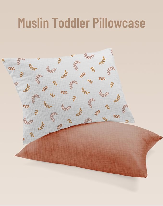 Toddler Pillowcases for 14"x20" Pillow 2 Pack, Muslin Small Toddler Baby Kids Travel Pillow Covers for Boys Girls with Envelope Closure (Brick & Leaf, 14 x 20 Inch)
