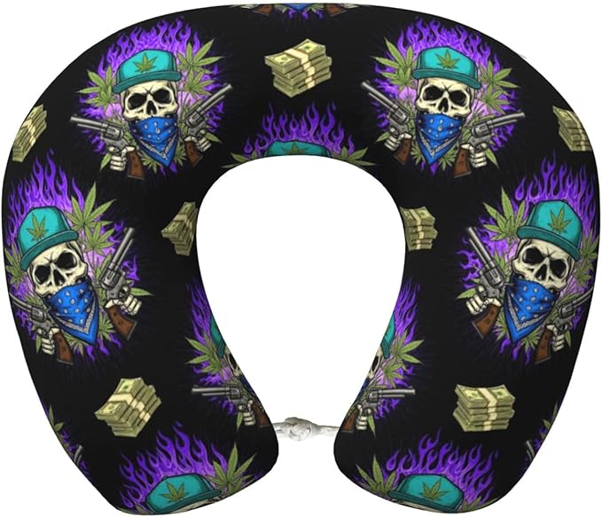 Travel Pillow Chin Neck Support, Comfortable Airplane Car Pillows for Rest, Memory Foam U Shaped Office Home Nap Sleeping Cushion Purple Fire Weedleaf Dollars Skull Skeleton