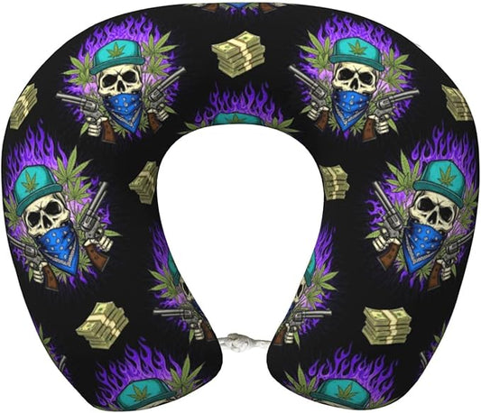 Travel Pillow Chin Neck Support, Comfortable Airplane Car Pillows for Rest, Memory Foam U Shaped Office Home Nap Sleeping Cushion Purple Fire Weedleaf Dollars Skull Skeleton