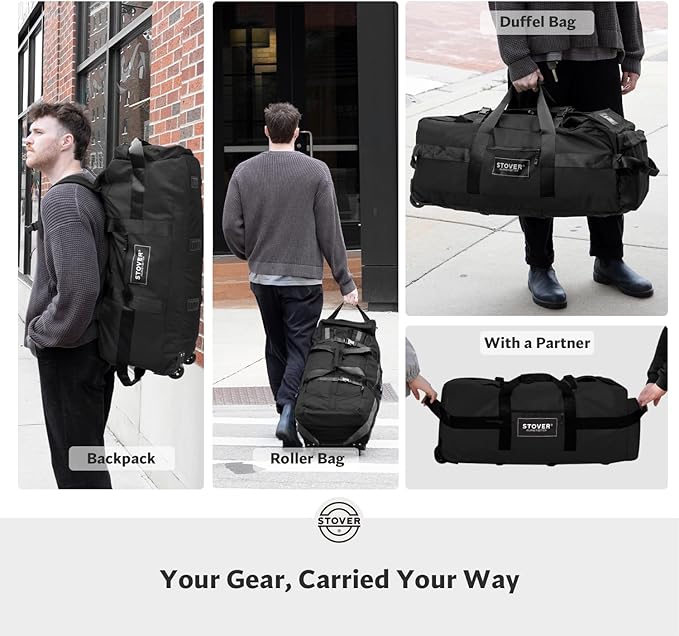STOVER 80L Rolling Duffel Bag with Wheels, Large Durable Travel Duffle + Toiletry Bag, Heavy Duty, Packable, Foldable with Shoulder Straps- Use as Luggage or Backpack, Men/Women (Black)