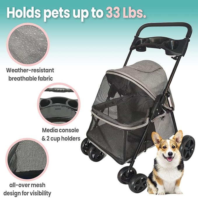 Critter Sitters Grey Foldable Pet Stroller for Small Dogs/Cats with Breathable Scratch Resistant Mesh Windows, Cup Holders, Storage Pockets, Lockable Wheels, Safety Leash, Animal Stroller