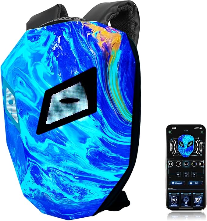 Motorcycle Backpack with LED Eyes, DIY Laptop Backpack for Riding, Cycling, Travel, Waterproof Hard Case Motorbike Bag, Large Size 19" SBlue