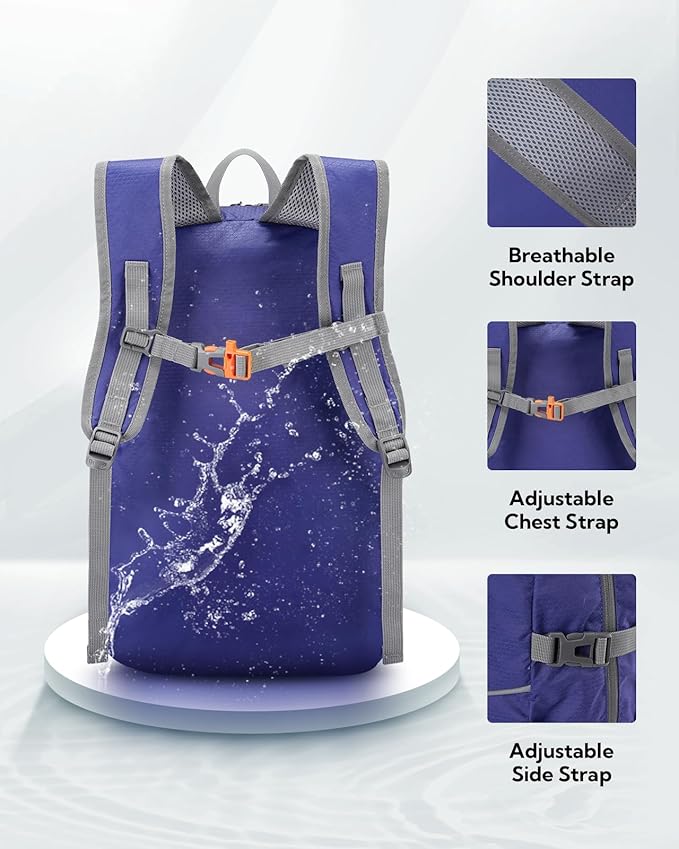 WATERFLY Hiking Packable Daypack Backpack: 25L Ultra Lightweight Day Pack for Woman Man - Small Compact Folding Back Pack for Outdoor Sport Cycling Camping Travel Trip - Dark blue