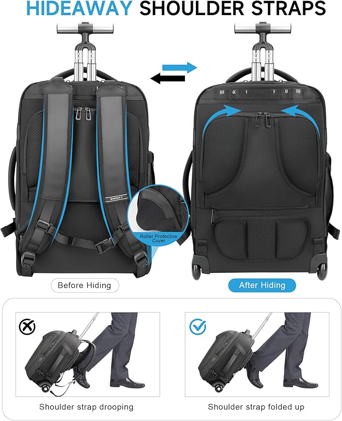 Rolling Backpack,50L Travel Backpack with Wheels,17.3inch Laptop Backpack with USB Port,TSA Carry On Anti Theft Backpack for Business Work Airplanes,Large Backpack for Men Women,Black