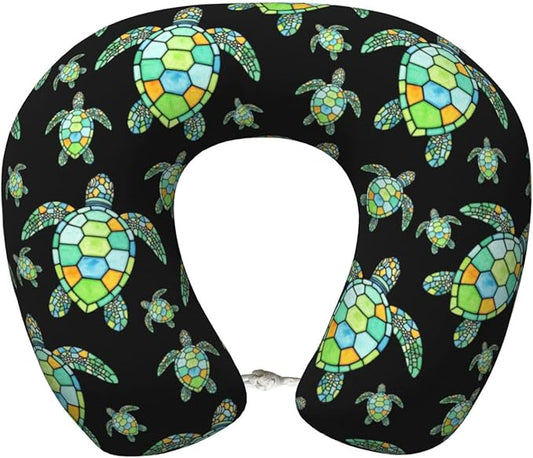 Neck Pillow Memory Foam Chin Cushion with Breathable Cover Space Watercolor Turtle Black, Cute Airplane Car Pillows for Office Head Pain Relief